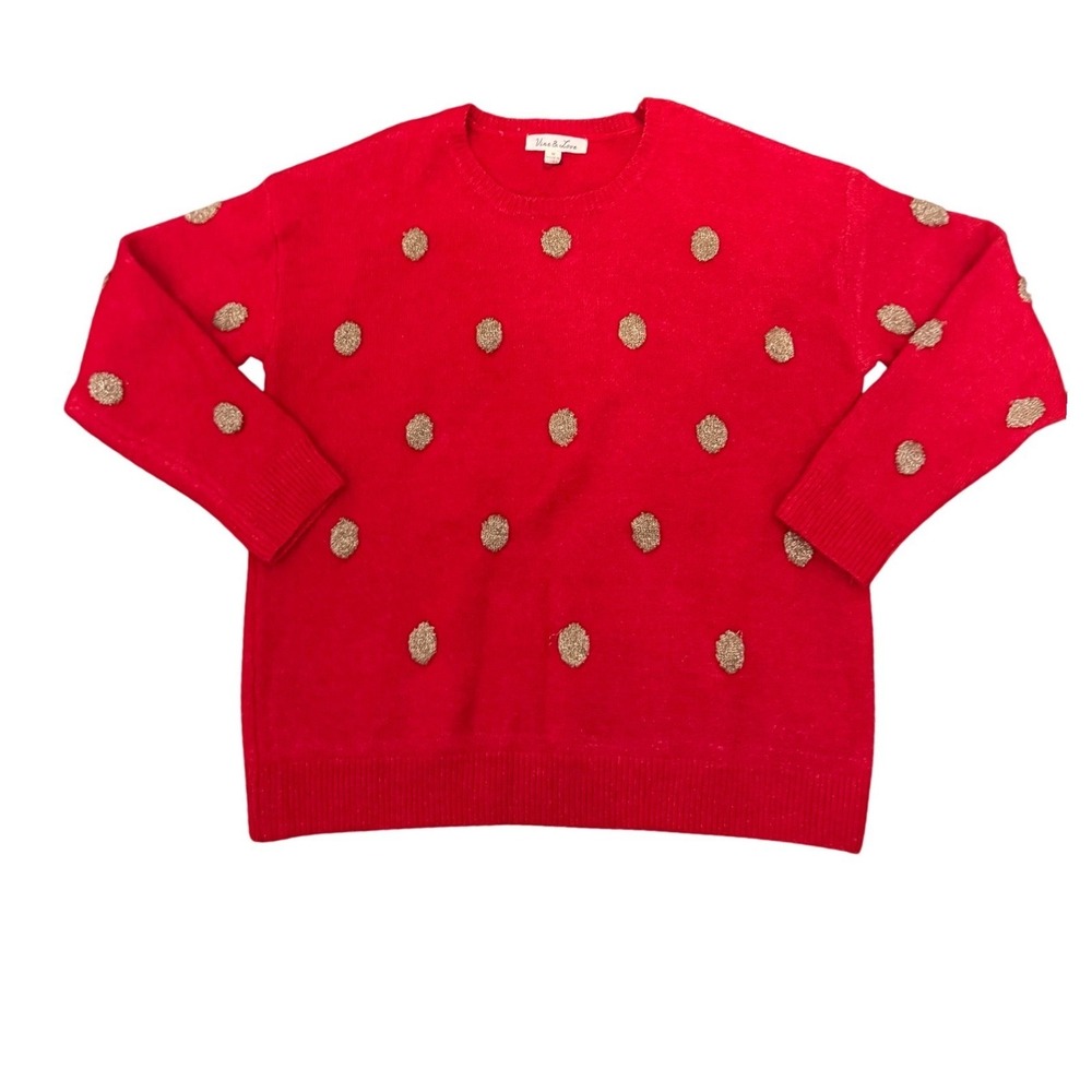 Vine & Love Red Sparkle Polka Dot Sweater Women's Size M‎ Long Sleeve Crew Neck